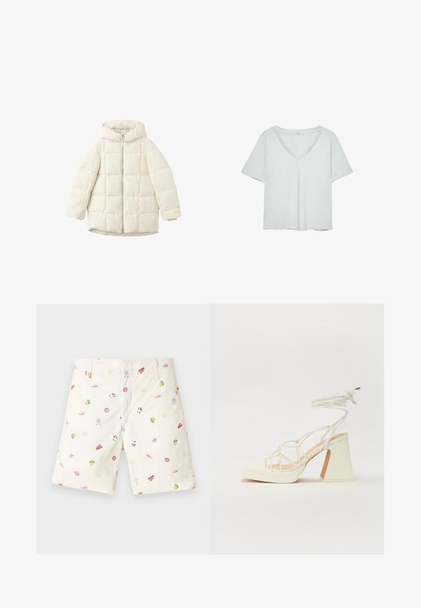 Hvid, kviltet pufferjakke med hætte, der har lynlås foran og rummelige ærmer. Glat tekstur og syede firkantede mønster.; Lys grå kortærmet T-shirt med V-hals, lavet af blødt materiale; den har en afslappet pasform og ren syning uden mønstre.; Lette shorts i creme med farverige, assorterede trykte mønstre, herunder frugter, muslinger og solsikker; klassisk flad front design.; Hvide højhælede sandaler med en kraftig hæl, der har et stropdesign og ankelbinding. Glat tekstur med en platform foran for ekstra højde.