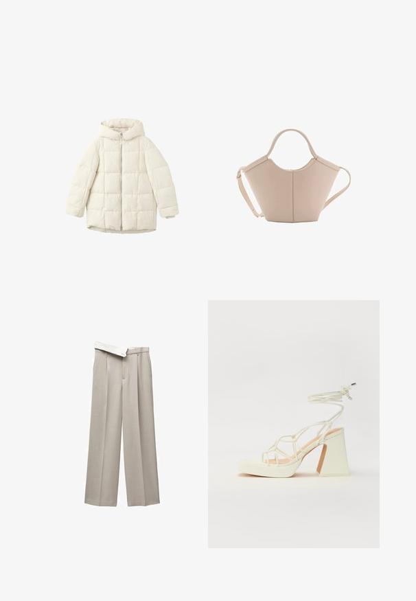 Bijela pufasta jakna od quilted materijala s kapuljačom, s prednjim patentnim zatvaračem i prostranim rukavima. Glatka tekstura i prošiveni kvadratni uzorak.; Bijela majica kratkih rukava od pamuka. Ima okrugli izrez i opušteni kroj. Glatka tekstura bez vidljivih uzoraka ili naglasaka.; Svijetlosmeđi široki hlače izrađene od glatkog materijala. Imaju visok struk s kontrastnim pojasom i prednjim naborima.; Bijela sandala na visokoj potpetici s debelim petom, s remenom i vezanjem oko gležnja. Glatka tekstura s platformom sprijeda za dodatnu visinu.; Bež kožna torba jedinstvenog oblika, s dva kratka ručka i dugom podesivom trakom. Glatka tekstura s minimalnim metalnim dodacima.