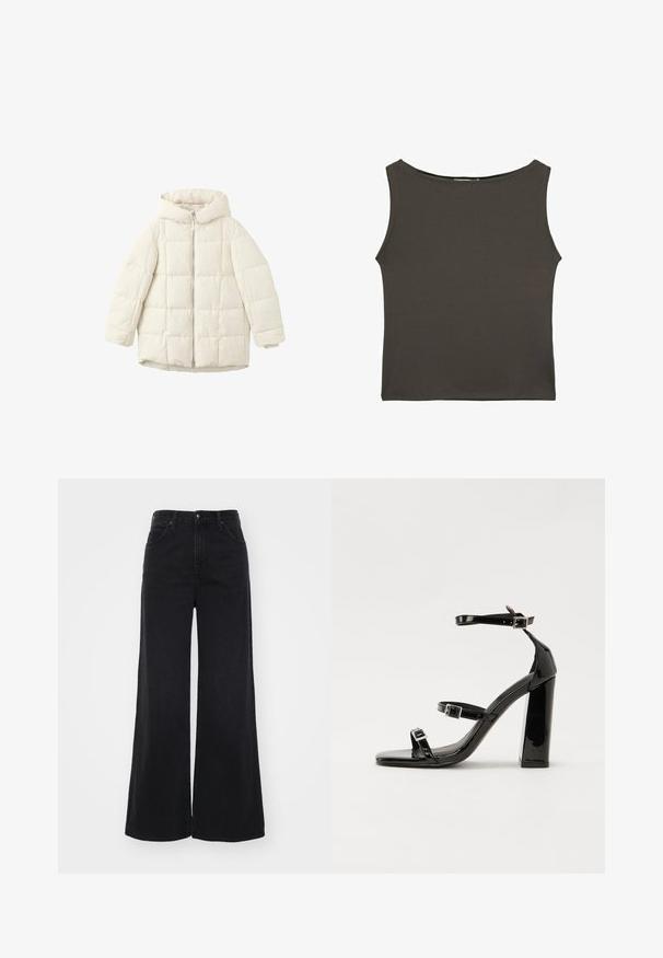 Hvid, kviltet pufferjakke med hætte, der har lynlås foran og rummelige ærmer. Glat tekstur og syede firkantede mønster.; Mørkegrå, tætsiddende tanktop med rund halsudskæring og ærmeløs design, lavet af glat, strækbart stof. Ingen synlige mønstre eller accenter.; Højalede sorte bukser med bred benvidde, for- og baglommer, bæltestropper og knaplukning.; Sorte patenterede hælsandaler med firkantet tå, ankelremme og sølvspænder. Har en chunky blokHæl for stabilitet.