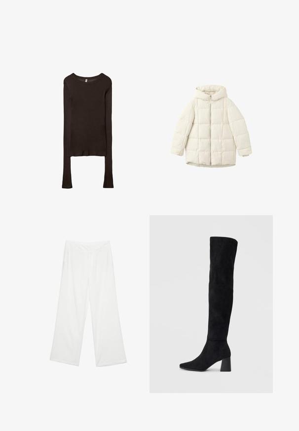 Bílá prošívaná péřová bunda s kapucí, se zapínáním na přední straně a prostornými rukávy. Hladká textura a prošívaný čtvercový vzor.; Dlouhý rukáv, přiléhavý top vyrobený z tmavě hnědé látky. Kulatý výstřih, hladká textura a mírně prodloužené rukávy bez manžet.; Kalhoty s širokými nohavicemi z bílé látky, s hladkým povrchem, předními kapsami a klasickým pasem s poutky na opasek.; Černé semišové vysoké boty s blokovým podpatkem, špičatou špičkou a hladkým, bezšvovým designem na jednoduchém světlém pozadí.