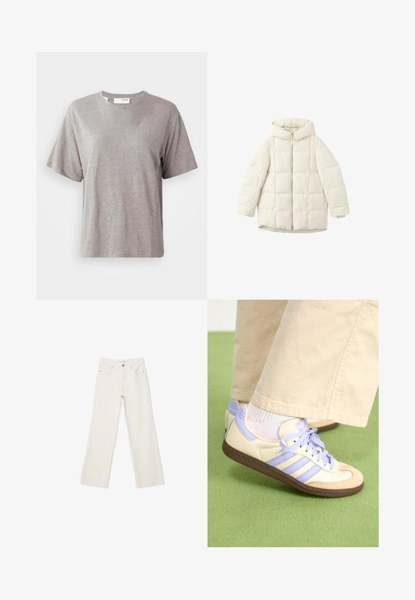 Bijela pufasta jakna od quilted materijala s kapuljačom, s prednjim patentnim zatvaračem i prostranim rukavima. Glatka tekstura i prošiveni kvadratni uzorak.; Svijetlo siva majica s kratkim rukavima izrađena od mekanog materijala, s okruglim izrezom i opuštenim krojem, bez istaknutih uzoraka ili akcenata.; Bijele široke traperice s visokim strukom, prednjim džepovima i dugmetom za zatvaranje. Čist dizajn s minimalnim naglascima.; Kremasto-ljubičaste tenisice s tri pruge i strukturiranim smeškim potplatom, s vezicama i podstavljenim petom. Mekana gornja tkanina.