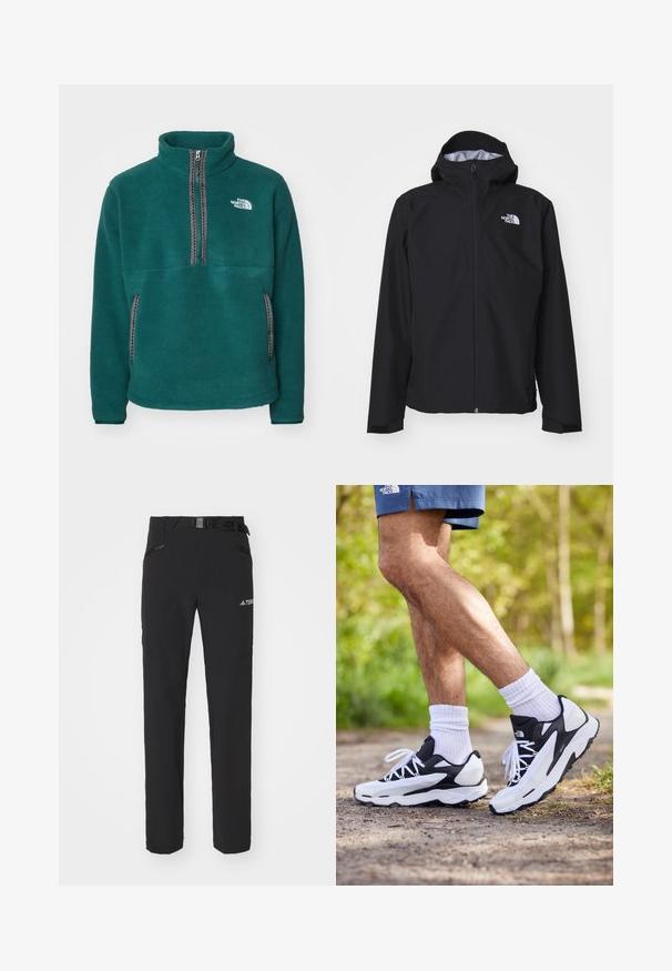 Black waterproof jacket with a hood, full-length front zipper, and elastic cuffs. Features a logo on the upper left chest area.; Teal fleece pullover with high collar, half-zip front, two side pockets, and contrasting black stitching. Logo on left chest area.; Black outdoor pants with a smooth fabric, side zip pockets, reinforced knee sections, and an adjustable waistband featuring a buckle.; Black and white athletic shoes with mesh upper, textured accents, and white laces. Worn with white ankle socks and navy shorts on a path.