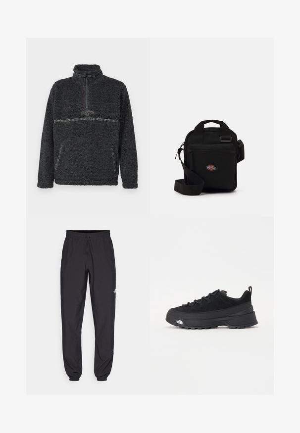 Schwarze wasserdichte Jacke mit Kapuze, durchgehendem Frontreißverschluss und elastischen Bündchen. Mit einem Logo im oberen linken Brustbereich.; Fleece-Pullover in Dunkelgrau mit hohem Kragen, Viertelreißverschluss und kontrastierenden grünen Musterelementen entlang der Brust und Taschen.; Schwarze Sporthosen aus leichtem Stoff, mit einem Kordelzugbund, seitlichen Taschen und schmal zulaufenden Bündchen an den Knöcheln.; Schwarzer Outdoorsneaker mit einem Obermaterial aus Wildleder, strukturierter Gummisohle und robustem Schnürsystem. Verfügt über eine verstärkte Ferse und das Markenlogo an der Seite.; Schwarze Umhängetasche mit einem Reißverschlussfach, rechteckiger Form, aus Stoff gefertigt, mit einem Logo-Patch auf der Vorderseite und verstellbarem Schultergurt.