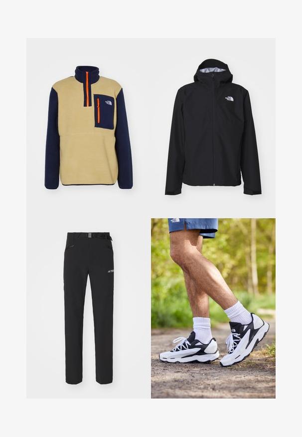 Svart vattentät jacka med huva, fullängds framdragkedja och elastiska ärmslut. Har en logotyp på övre vänstra bröstområdet.; The North Face YUMIORI 1/4 ZIP - Fleecetröja - khaki stone/summit navy; Svarta utomhusbyxor med slät tyg, sidofickor med dragkedja, förstärkta knäsektioner och en justerbar midja med spänne.; Svartvita träningsskor med mesh-överkappa, texturerade detaljer och vita snören. Bärs med vita ankelsockar och marinblå shorts på en stig.