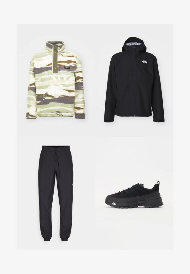 Črna vodoodporna jakna s kapuco, polno dolžino sprednjega zadrge in elastičnimi manšetami. Ima logo na zgornjem levem delu prsnega koša.; Flis pulover v zeleni, slonokoščeni in sivi kamuflažni vzorec. Ponuja stoječi ovratnik z zapenjanjem na gumbke in žep na prsih z zadrgo.; Črne atletske hlače iz lahkega materiala, ki imajo elastični pas z vezalko, stranske žepe in zožene manšete na gležnjih.; Črne zunanje teniske s zgornjim delom iz usnja z nubukom, teksturiranim gumijastim podplatom in trdnim vezalnim sistemom. Imajo ojačan petni del in logotip blagovne znamke na strani.