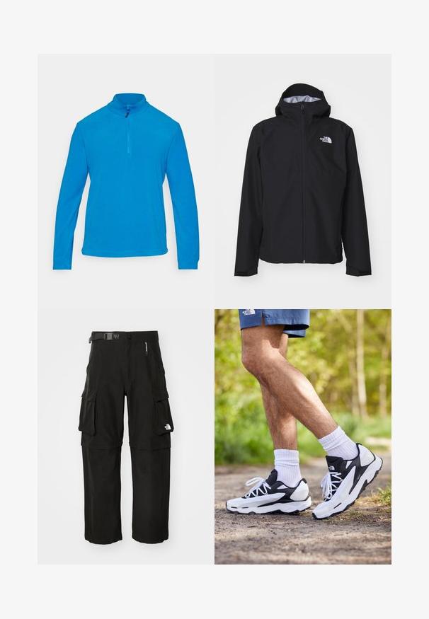 Black waterproof jacket with a hood, full-length front zipper, and elastic cuffs. Features a logo on the upper left chest area.; CMP MAN - Fleece jumper - zaffiro; Black cargo pants made of durable fabric, featuring multiple pockets, a belt, and a logo on the lower leg. Straight cut with a smooth texture.; Black and white athletic shoes with mesh upper, textured accents, and white laces. Worn with white ankle socks and navy shorts on a path.