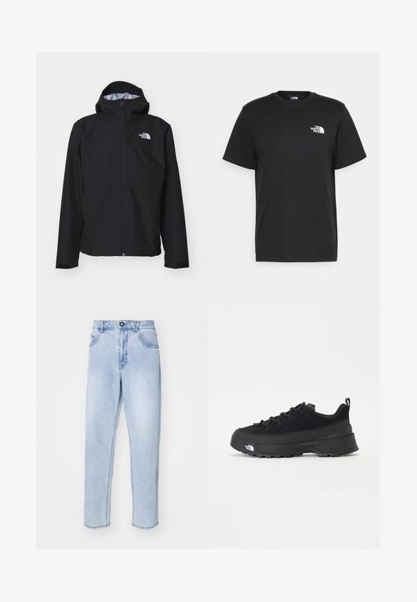 Černá nepromokavá bunda s kapucí, plným předním zipem a elastickými manžetami. Disponuje logem v horní levé části hrudi.; Černé bavlněné tričko s krátkými rukávy, kulatým výstřihem a malým bílým logem na levém hrudníku. Jednoduchý design, hladká textura a uvolněný střih.; Světle modré denimové džíny v přímém střihu, s knoflíkovým zapínáním, bočními kapsami a čistým lemem bez ozdob.; Černé venkovní tenisky s horní částí ze semiše, texturovanou gumovou podrážkou a pevným šněrováním. Obsahují zesílenou patu a logo značky na boku.
