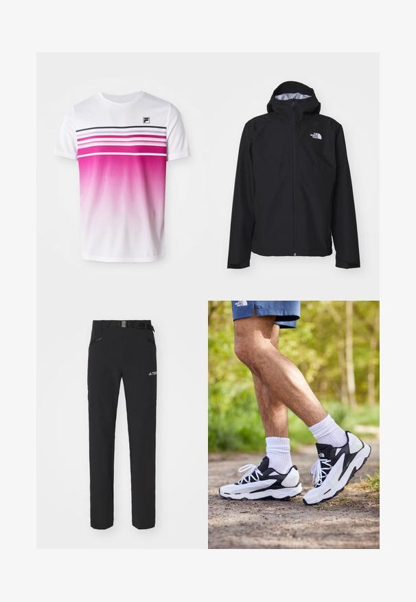 Mustan vedenpitävän takin, jossa on huppu, täydellinen edestä vetoketju ja joustavat hihansuut. Etupuolella on logo vasemmalla ylhäällä rinnassa.; Valkoinen lyhythihainen t-paita, jossa on vaaleanpunainen ombre-suunnittelu, vaakasuorat raidat tummanpunaisena ja laivastonsinisenä sekä pieni musta logo rinnassa.; Mustat ulkoiluhousut, joissa on sileä kangas, sivuilla vetoketjulliset taskut, vahvistetut polviosat ja säädettävä vyötärö, jossa on solki.; Mustat ja valkoiset urheilukengät, joissa on verkkopinta, tekstuuriset yksityiskohdat ja valkoiset nauhat. Yhdistetty valkoisiin nilkkasukkiin ja laivaston sinisiin shortsireihin polulla.