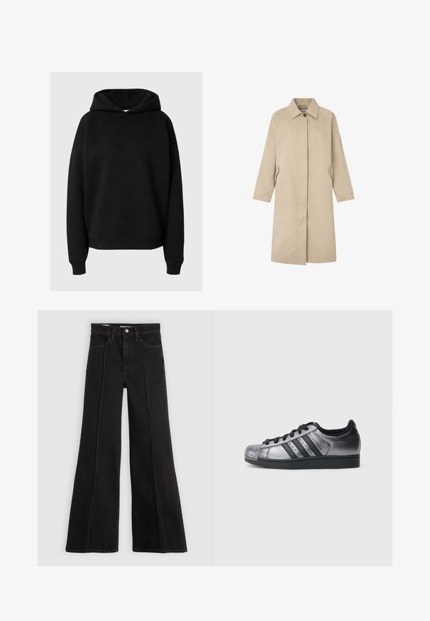 Abrigo color beige claro con una silueta recta, diseño minimalista, cuello con punta, mangas largas y bolsillos laterales. Fabricado con una tela suave.; Sudadera con capucha negra de tejido suave, que presenta un corte relajado, puños acanalados y un sutil detalle de logo en el frente.; Jeans de tiro alto, anchos y negros con costura frontal, cierre de botón, presillas para cinturón y bolsillos frontales sobre un fondo claro y liso.; Zapatillas negras y plateadas metálicas con puntera redonda, tres rayas negras y parte superior texturizada. Cordones negros y suela de goma.