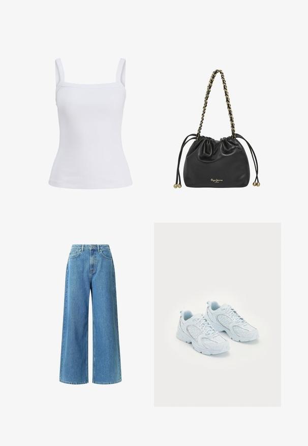 Jasno beżowy płaszcz o prostym kroju, minimalistycznym designie, spiczastym kołnierzu, długich rękawach i kieszeniach bocznych. Wykonany z gładkiego materiału.; Biała, prążkowana koszulka na ramiączkach z wąskimi paskami i dopasowanym krojem, wykonana z miękkiej tkaniny bawełnianej. Bez wzorów i akcentów.; Jeans o szerokich nogawkach wykonane z jasnoniebieskiego denimu, z wysokim stanem, dwiema przednimi kieszeniami, szlufkami na pasek oraz delikatnym wzorem teksturowym.; Jasnoniebieskie buty sportowe z siateczkową i syntetyczną cholewką, ozdobione białymi kropkami i odblaskowymi akcentami, z zapięciem na sznurowadła oraz amortyzującą podeszwą.; Czarna, miękka skórzana torba na ramię z złotym łańcuszkiem, ściągane boki z złotymi koralikami oraz logo "Pepe Jeans London" w złocie.