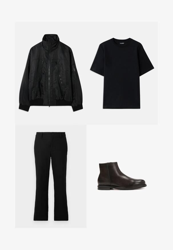 Mustapommitakki, jossa on korkea kaulus, useita vetoketjullisia taskuja ja joustavat hihansuut. Valmistettu sileästä, kevyestä kankaasta.; Musta puuvillapaita, jossa on pyöreä kaula-aukko ja lyhyet hihat. Vasen rintatasku on koristeltu hillityllä logopistolla. Tasainen ja sileä pinta.; Mustat levenevät housut, jotka on valmistettu puuvillasekoitekankaasta. Housuissa on nappikiinnitys, vyölenkit ja sileä rakenne ilman näkyviä kuvioita.; Musta nahkasaapas nilkkapituisella mallilla, jossa on sileä pinta, pyöreä kärki ja matala korko. Varustettu sivun vetoketjulla, joka helpottaa pukemista.