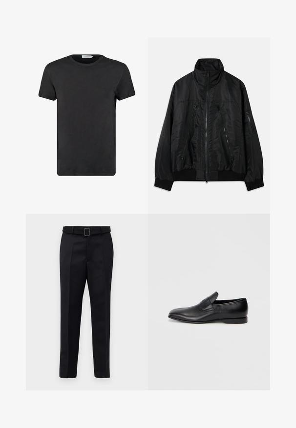 Musta bomber-jakk, millel on kõrge krae, mitme tõmblukuga taskud ja elastsed varrukad. Valmistatud siledast, kergest kangast.; Must must särk, millel on ümmargune kaelus ja lühikesed varrukad. Kangas on sileda tekstuuriga ilma mustrite ja aktsentideta. Tavaline lõike.; Mustad mustad püksid on valmistatud siledast kangast, sirgelt lõigatud ja beldiga vöökoht, millel on ristkülikukujuline pandla. Märkimisväärsed esisellukid täiustavad disaini.; Must musta libisemisega king, millel on terav varvas, sile tekstuur ja tagasihoidlik bränding küljel. Madal konts puhta ja minimalistliku disainiga.