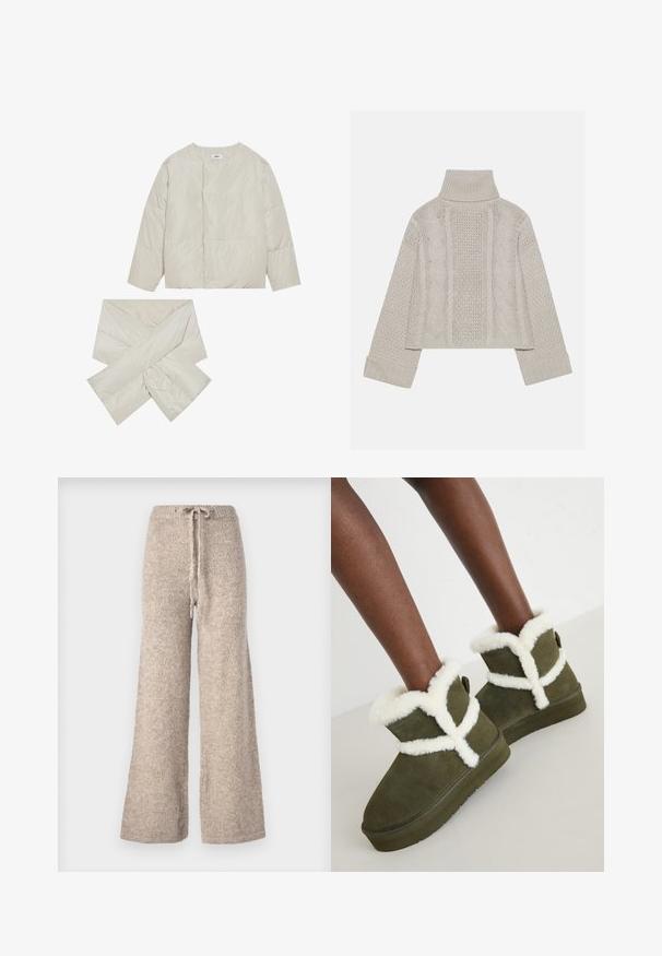 Chaqueta acolchada beige con cuello redondo, mangas largas y una bufanda a juego en forma de cruz, hecha de un tejido suave y ligeramente brillante.; Suéter de punto gris claro, corto, con un alto cuello y puños acanalados, que presenta patrones de cable texturizados en la parte posterior y los lados.; Pantalones de pierna ancha beige hechos de un tejido de punto texturizado, con cintura con cordón y un ajuste relajado.; Botas de tobillo de ante verde con ribete de piel sintética blanca, que presentan un diseño cruzado, suela de goma plana y una pestaña en la parte trasera para facilitar su uso.
