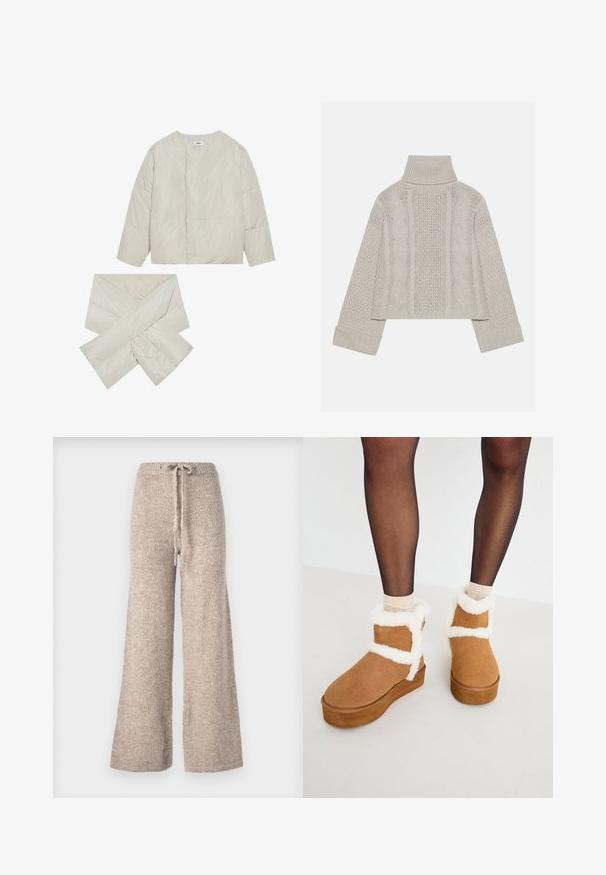 Beige pitkä takki, jossa on pyöreä kaula-aukko, pitkät hihat ja ristimuotoinen yhteensopiva huivi, valmistettu sileästä, hieman kiiltävästä kankaasta.; Lyhyt, vaaleanharmaa neulepusero korkealla kauluksella ja ribbireunuksilla, jossa on teksturoidut letkut kuvioita takana ja sivuilla.; Beige levelet kengät valmistettu teksturoidusta neuloskankaasta, jossa on kiristysnauha vyötäröllä ja rento istuvuus.; Ruskean mokkanahkasaappaat, joissa on valkoinen tekoturkistrimmi ja platform-pohja, varustettu ristikkäisnauhakiristyksellä. Sileä pinta ja pyöreä kärki.