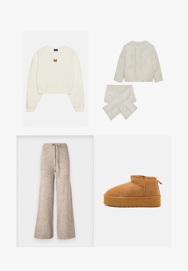 Párnázott bézs dzseki kerek nyakkal, hosszú ujjakkal, és egy kereszt alakú, hozzáillő sállal, sima, enyhén fényes anyagból készült.; Tejfehér, rövidített pulóver, a közepén hímzett narancssárga pillangóval. Széles ujjak és bordázott mandzsetták jellemzik.; Beige színű, bő szárú nadrág, textúrált kötött anyagból, húzózsinóros derékkal és laza szabással.; Barna velúr bokacsizmák lekerekített orral, alacsonyított kialakítással és texturált gumitalppal, amelyen enyhe platform és húzófül található.