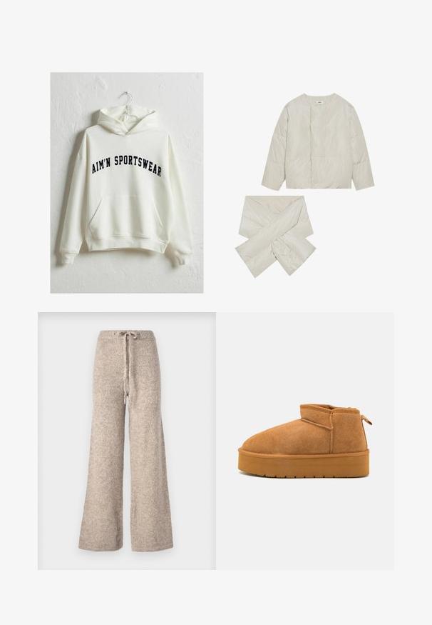 Giacca imbottita beige con collo rotondo, maniche lunghe e una sciarpa abbinata a forma di croce, realizzata in un tessuto liscio e leggermente lucido.; Felpa con cappuccio di colore crema, caratterizzata da una tasca frontale e da un testo navy "AIM'N SPORTSWEAR" in stile arcuato. Tessuto morbido, vestibilità comoda.; Pantaloni beige a gamba larga realizzati in tessuto a maglia testurizzata, con vita regolabile e vestibilità comoda.; Stivali ankle in suede marrone con punta tondeggiante, design a taglio basso e suola in gomma testurizzata con un leggero plateau e un occhiello per il sollevamento.