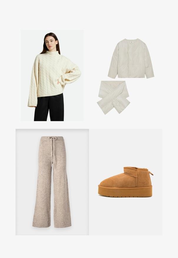 Polstret beige jakke med rund hals, lange ærmer og et matchende tørklæde i krydsform, lavet af et glat, let blankt stof.; Kvinde iført en oversized cremefarvet kabelstriktrøje med ballonærmer og sorte vide bukser, stående med en hånd på hoften.; Beige brede bukser lavet af tekstureret strikstof, med en snoretræk i taljen og en afslappet pasform.; Brune suede ankelstøvler med en rund tå, lav skæring, og en tekstureret gummisål med en lille platform og et hængsel.