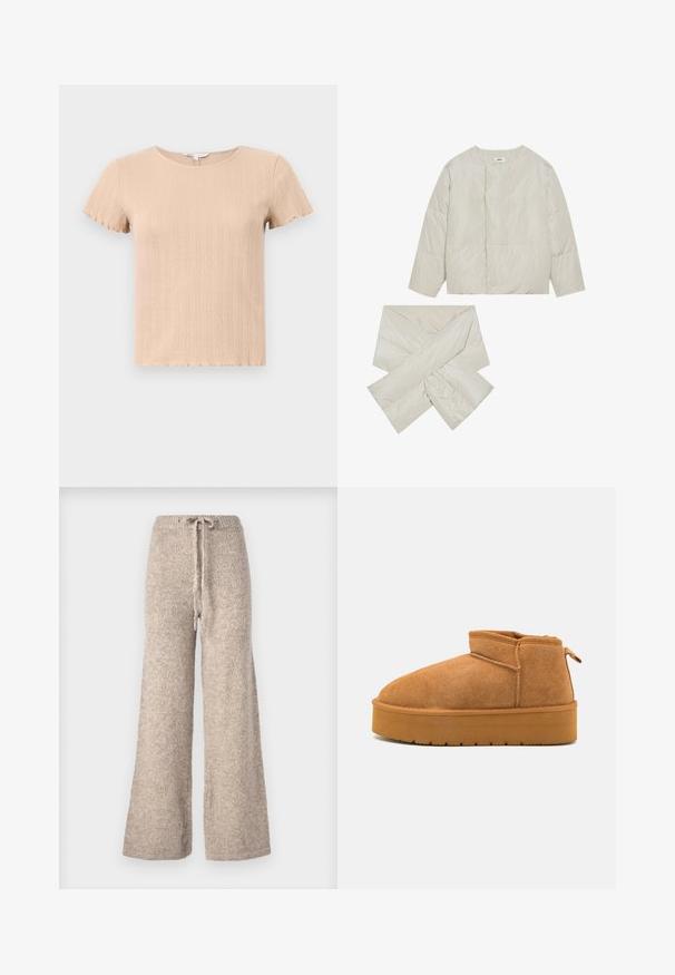 Giacca imbottita beige con collo rotondo, maniche lunghe e una sciarpa abbinata a forma di croce, realizzata in un tessuto liscio e leggermente lucido.; T-shirt corto a maniche corte beige a coste con bordi scallop, caratterizzato da un motivo testurizzato e scollatura rotonda. Realizzato in tessuto morbido e elastico.; Pantaloni beige a gamba larga realizzati in tessuto a maglia testurizzata, con vita regolabile e vestibilità comoda.; Stivali ankle in suede marrone con punta tondeggiante, design a taglio basso e suola in gomma testurizzata con un leggero plateau e un occhiello per il sollevamento.