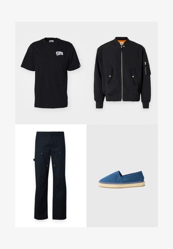 Svart bomberjakke med glidelås foran, knappelukking på klaffelommene og ribbestrikkede mansjetter. Har en oransje innvendig og en glidelåslomme på ermet.; Svart bomull t-skjorte med rund hals og korte ermer. Har et hvitt trykt logo på venstre brystområde. Enkel design, standard passform.; Svart cargo bukser laget av holdbart stoff, med rett snitt, multiple lommer og subtile sølvfarge detaljer.; Blå lærret espadrillos med lukket tå, jute såle og sydd trim. Glatt tekstur og lavprofildesign.