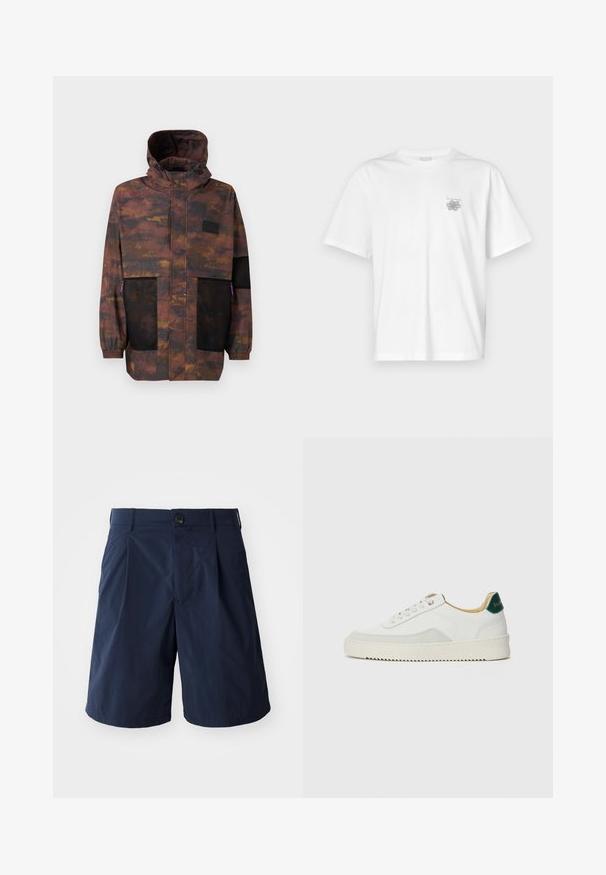 Vodotesný kabát s hnedo-čiernym maskáčovým vzorom. Obsahuje sieťované vrecká a kapucňu so sťahovacou šnúrkou. Ľahký s elastickými manžetami.; Biela tričko vyrobené z bavlny, s krátkymi rukávmi, okrúhlym výstrihom a malým šedým logom na oblasti ľavej hrude. Hladká textúra.; Námornícke modré šortky vyrobené z ľahkého materiálu, s gombíkovým zapínaním, bočnými vreckami a jednoduchým dizajnom s sklom vpredu.; Biele tenisky s semišovými akcentmi, zaoblenou špičkou, plochými šnúrkami a krémovou gumovou podrážkou. Na päte sú zelené značky.