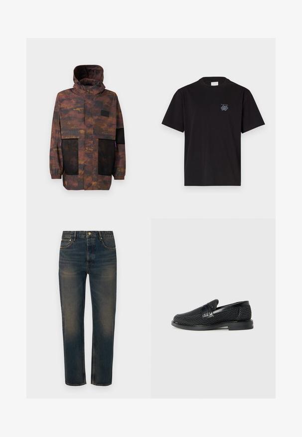 Veekindel jakk pruunis ja mustas kamuflaažimustris. Omab võrkpocket'e ja reguleeritavat kapuutsi. Kergekaaluline koos elastsete mansettidega.; Must mustaga T-särk, millel on ümar kaelus ja lühikesed varrukad. Vasakul rinnal on väike sinine logo. Lihtne, sirge lõikega disain.; Tumedate sinine teksapüksid sirge lõikega, viie taskuga disain, nupukinnitus ja heledad kulumise detailid tekstuuri jaoks.; Must musta kootud slip-on king, millel on pehme nahast accent ülaserval, ümmargune varvas ja madal profiiliga kummitald.