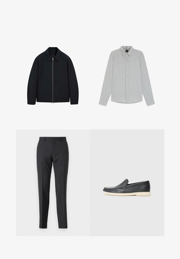 Black jacket with a collared neckline, front zipper closure, and side pockets. Made of a smooth material with a slightly relaxed fit.; Light gray long-sleeve shirt in a textured fabric, featuring a pointed collar, buttoned front, and buttoned cuffs.; Dark gray tailored trousers with a straight fit, featuring side pockets, and subtle texture. Closures include a zip fly and belt loops.; Black leather slip-on loafers with a textured finish and a contrasting beige rubber sole. Features a subtle accent along the front.
