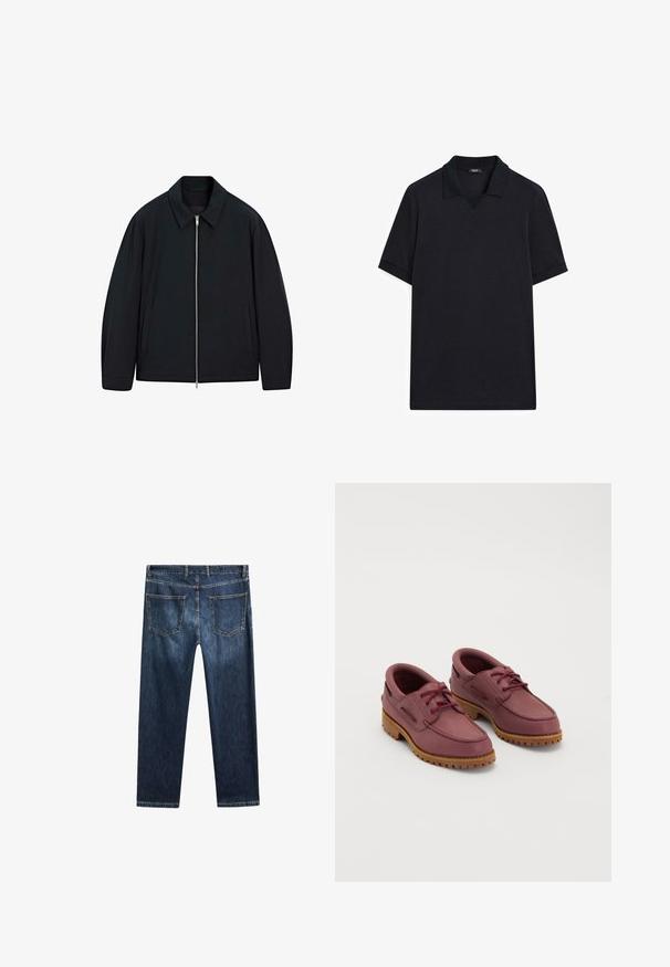 Czarna kurtka z kołnierzykiem, z zapięciem na zamek błyskawiczny z przodu oraz kieszeniami bocznymi. Wykonana z gładkiego materiału o nieco luźnym kroju.; Czarny polo z bawełny. Charakteryzuje się dekoltem w kształcie litery V, krótkimi rękawami oraz prostym wzornictwem bez deseni czy akcentów.; Granatowe dżinsy o prostym kroju, z pięcioma kieszeniami i kontrastowym przeszyciem. Charakteryzują się czystą talią i wykończeniem nogawków.; Para bordowych skórzanych butów żeglarskich z grubymi, tanowymi gumowymi podeszwami i czerwonymi sznurówkami na białym tle.