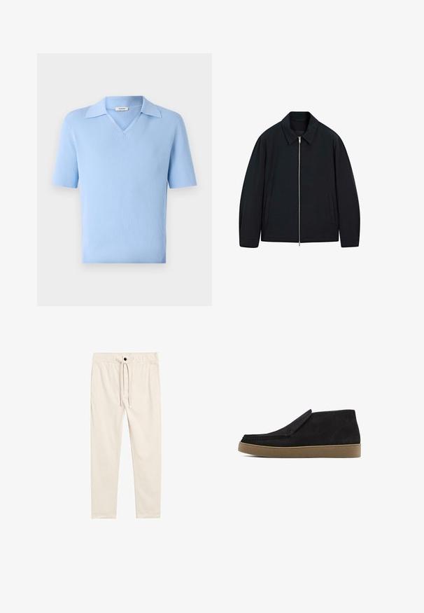 Czarna kurtka z kołnierzykiem, z zapięciem na zamek błyskawiczny z przodu oraz kieszeniami bocznymi. Wykonana z gładkiego materiału o nieco luźnym kroju.; Jasnoniebieska, prążkowana koszulka polo z krótkim rękawem, z kołnierzykiem w kształcie litery V i teksturowanym materiałem. Oferuje dopasowany krój i czyste linie.; Beżowe, lekkie spodnie bawełniane z elastycznym paskiem do regulacji, bocznymi kieszeniami i zapięciem na guzik, o gładkiej fakturze.; Czarne zamszowe buty typu slip-on, z zaokrąglonym czubkiem i brązową gumową podeszwą. Posiadają subtelne przeszycia oraz teksturowaną powierzchnię wierzchnią.