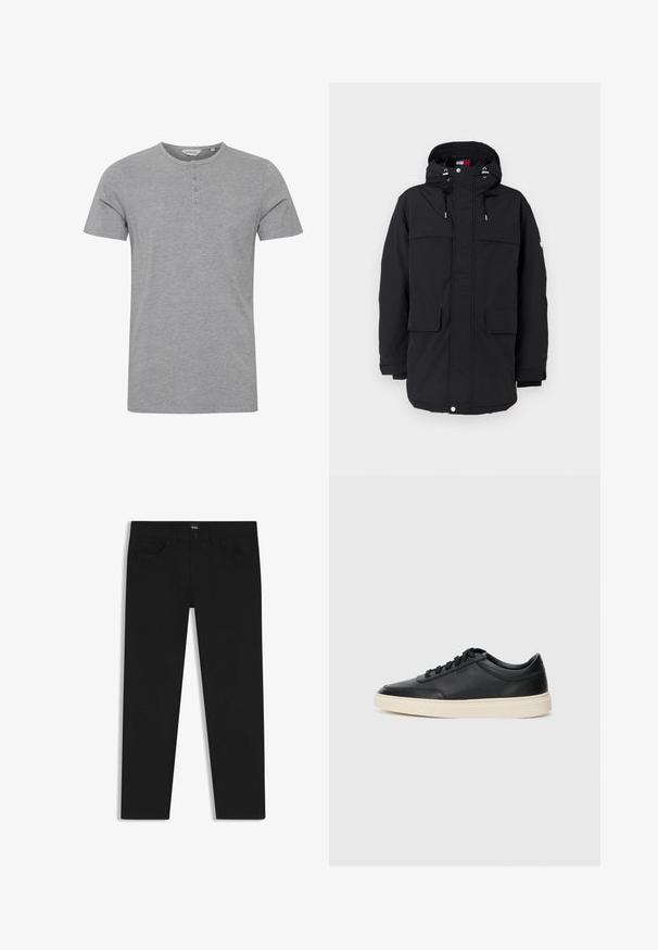 Zwarte parka-jack met een capuchon, voorzien van trekkoorden, twee grote voorzakken en een ritsluiting. Glad textuur en een relaxed fit.; Grijze T-shirt met korte mouwen, gemaakt van zachte stof, met een ronde halslijn en een detail van vier knopen op de voorkant.; Zwarte denim broek met een rechte snit, voorzien van een standaard tailleband, vijf zakken en een knoopsluiting. Gladde textuur overal.; Zwarte leren sneaker met lage schacht, zwarte veters en off-white zool, weergegeven in zijprofiel op een witte achtergrond.