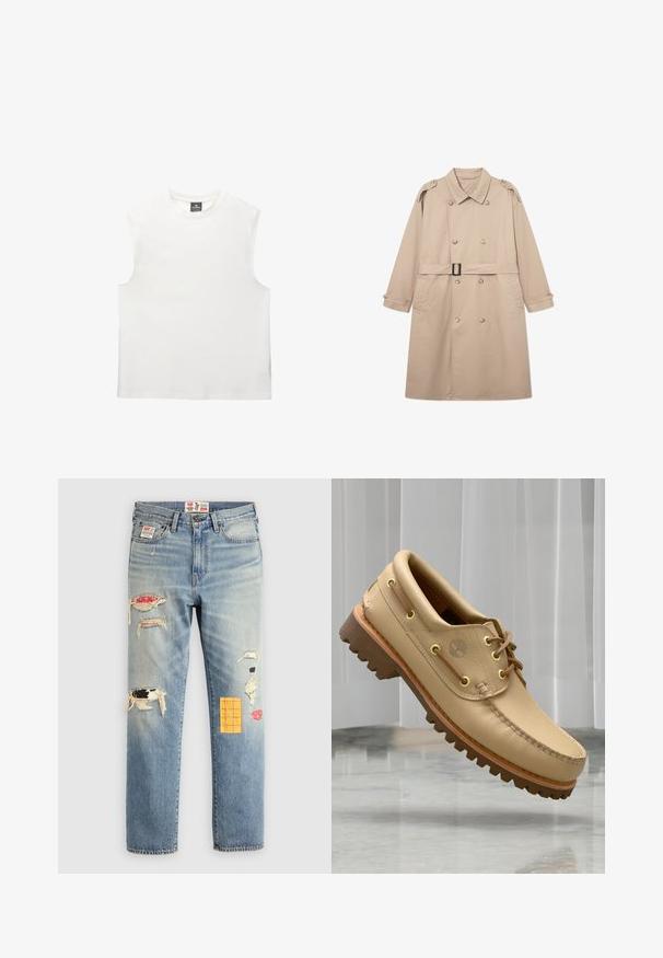 Beige trenchcoat met een dubbele knoopsluiting aan de voorkant, brede kraag, riem in de taille en knoopmanchetten. Glad stof met minimale textuur.; Witte mouwloze top met een ronde halslijn, gemaakt van zachte katoen. Heeft een rechte snit en schone randen, zonder patronen of accenten.; Lichtblauwe denim jeans met een relaxte pasvorm, voorzien van versleten patches in verschillende kleuren en patronen, waaronder oranje en rode accenten.; Lichtbruine leren bootschoen met een dikke, geribbelde zool en veterdetails, zwevend boven een marmeren vloer en een achtergrond van witte verticale jaloezieën.