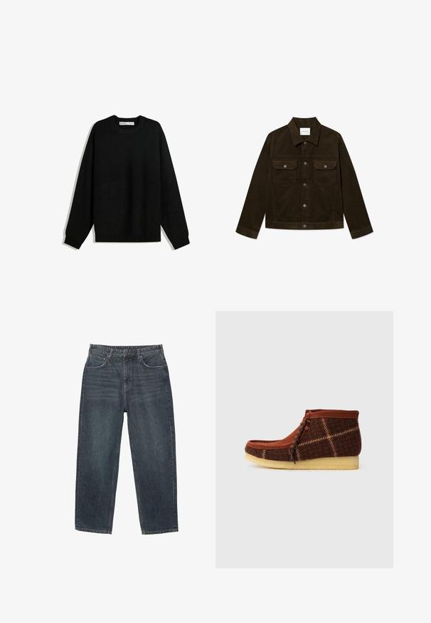 Mörkgrön kordjakett med krage, två bröstfickor, silverfärgade tryckknappar och ribbad textur.; Svart stickad tröja med rund halsringning, sänkt axel och ribbad mudd och nederkant. Har en texturerad tyg för värme.; Mörkblå denim jeans med rakt ben, fem fickor, bältesöglor och subtila blekningar på materialet. Sytt avslut.; Bruna medelhöga skor med en ovandel i ull och ett houndstooth-mönster samt en tan-gummisula, snörda med ett mörkt snöre.
