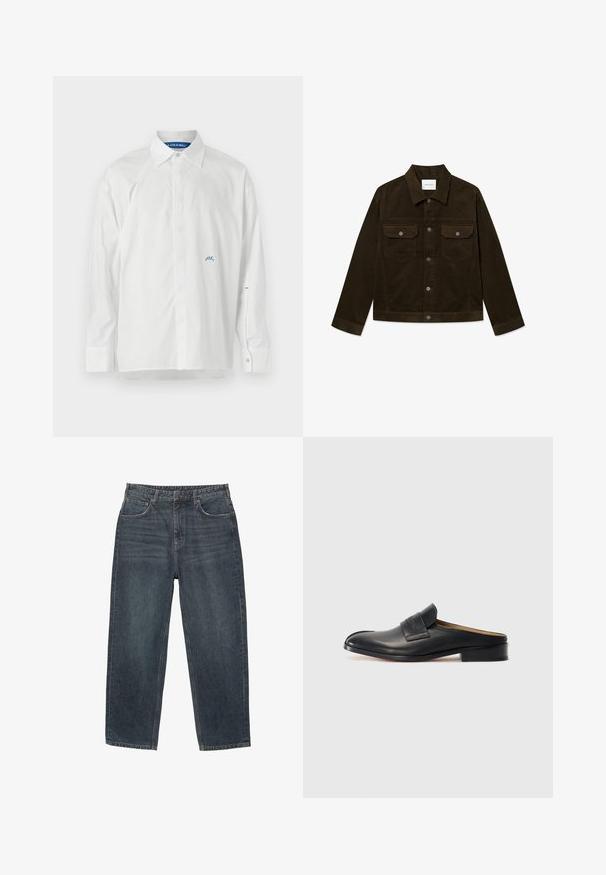 Giacca in corduroy verde scuro con colletto, due tasche sul petto, chiusura con bottoni a pressione argentati e texture a coste.; Camicia bianca a maniche lunghe in cotone. Presenta un colletto a punta, chiusura con bottoni e un logo blu sul petto e sulla manica. Texture morbida.; Jeans in denim blu scuro con un design a gamba dritta, cinque tasche, passanti per cintura e un leggero sbiadimento del materiale. Dettagli di cucitura sull'orlo.; Scarpa nera in pelle senza lacci con punta arrotondata, tacco basso a blocco e una fascia anteriore. Texture liscia con un sottile dettaglio del logo sulla fascia.
