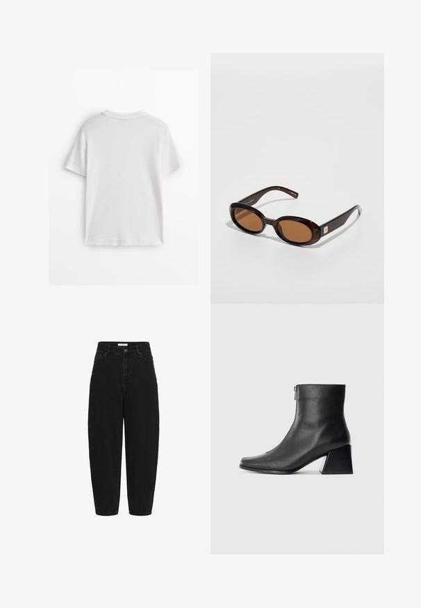 Massimo Dutti DOUBLE-BREASTED WITH GOLD RHINESTONE BUTTONS - Blejzr - dark blue; Bílé bavlněné tričko s krátkými rukávy, kulatým výstřihem a hladkou texturou. Zadní strana je jednoduchá bez dalších vzorů nebo designů.; Černé džíny s vysokým pasem a uvolněným střihem, s knoflíkovým zapínáním, pěti kapsami a viditelným prošíváním.; Černá kožená kotníková bota se čtveratým špičkou, bočním zipem a blokovým podpatkem na jednobarevném světlem pozadí.; Hnědé želvovinové sluneční brýle s oválnými čočkami, tenkým rámem a malým kovovým akcentem na boku. Texturovaný a lesklý povrch.