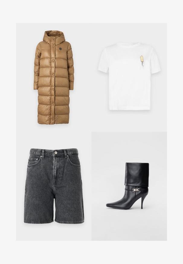 Bruine pufferjas met een capuchon, voorzien van een knoopsluiting aan de voorkant, een gestikt patroon en een knielange snit. Inclusief een logo-opdruk op de borst.; Witte katoenen T-shirt met korte mouwen, voorzien van een minimalistische, geborduurde gele ijslollygrafiek op de linkerkant van de borst.; Zwarte gewassen denimshorts met riemlusjes, een voorknop, ritssluiting en klassiek vijf-pocket ontwerp.; Zwarte leren enkelboot met een spitse neus, hoge stilettohak, opgevouwen manchet en een gouden decoratieve gespdetails op de enkel.