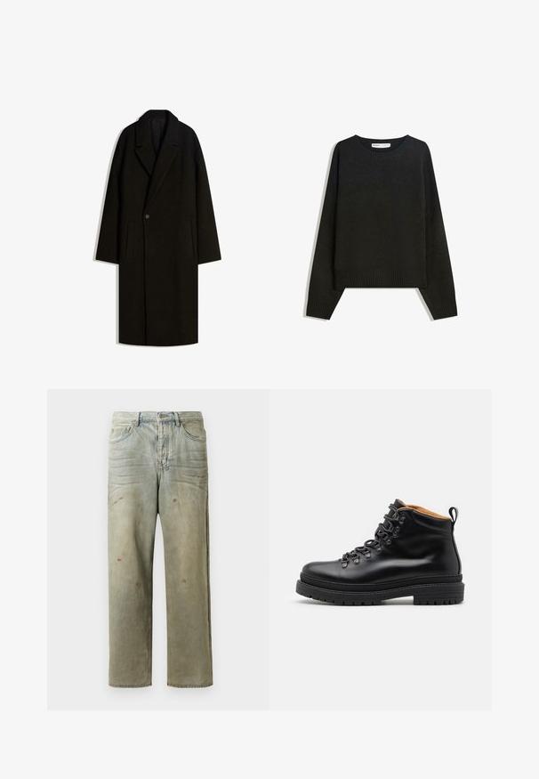 Długi czarny wełniany płaszcz z szerokim kołnierzem, zapinany na jeden guzik, z bocznymi kieszeniami, wyeksponowany na białym tle.; Czarny sweter z dzianiny z okrągłym dekoltem, z prążkowanymi mankietami i dołem. Krój jest luźny, z opadającymi ramionami, co zapewnia swobodny wygląd.; Zniszczone dżinsy w jasnym zielonym kolorze, z prostymi nogawkami, pięcioma kieszeniami oraz nierównomiernym blaknięciem i plamami farby.; Zign - Botki sznurowane