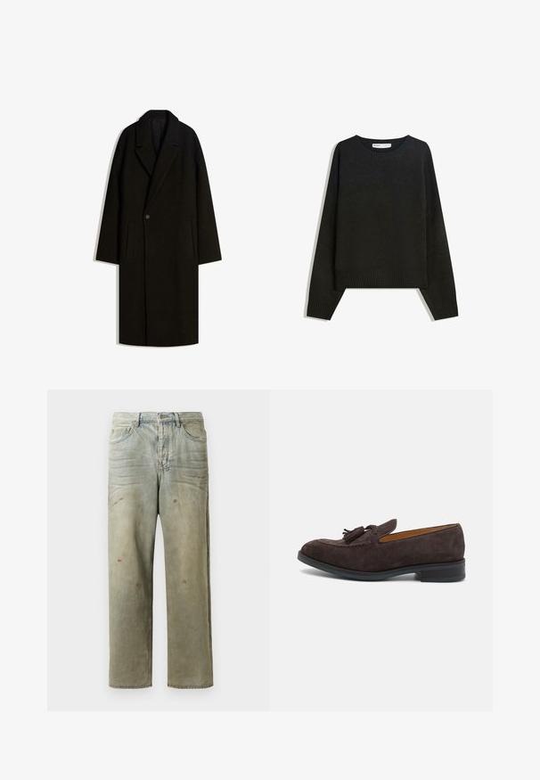 Dlhý čierny vlnený kabát s širokým golierom, jedným gombíkom a bočnými vreckami, vystavený na bielom pozadí.; Čierny pletený sveter s okrúhlym výstrihom, rebrovanými manžetami a lemom. Dizajn je široký s padnutými ramenami pre uvoľnený strih.; Zničené džínsy vo svetlozelenej farbe s rovnými nohavicami, piatimi vreckami a nerovnomerným vyblednutím so škvrnami od farby.; Paul Smith LAWSON - Našuchovačky - brown