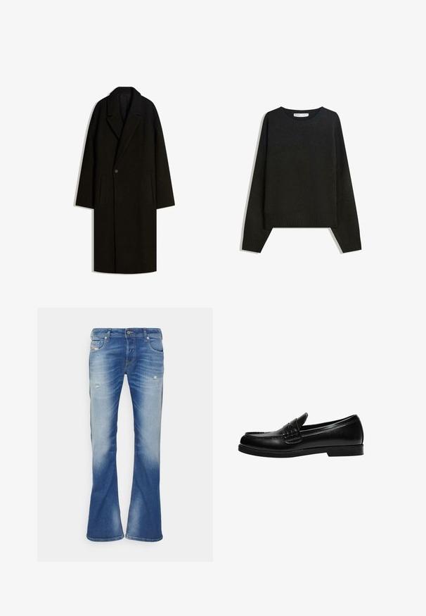 Dlouhý černý vlněný kabát s širokým límcem, uzávěrem na jeden knoflík a bočními kapsami, vystavený na bílém pozadí.; Černý pletený svetr s kulatým výstřihem, žebrovanými manžetami a lemem. Design je široký s kleslými rameny pro pohodlný střih.; Modré vybledlé bootcut džíny s mírným opotřebením na předních stehnech a klasickým pětipocket designem na bílém pozadí.; Černé kožené mokasíny s hladkým povrchem, které mají prošívání na nártu a nízkou, jednolitou černou gumovou podrážku.