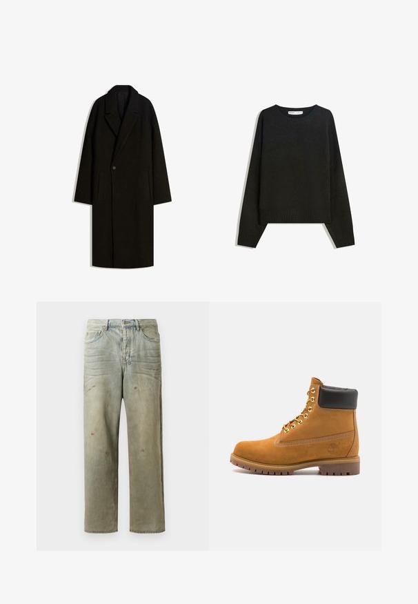 Hosszú fekete gyapjús dérkabát széles gallérral, egygombos záródással és oldalsó zsebmegvágásokkal, fehér háttéren laposan bemutatva.; Fekete kötött pulóver, kerek nyakkivágással, bordás mandzsettával és szegéllyel. A dizájn doboz alakú, ejtett vállakkal a laza illeszkedés érdekében.; Fakó zöld, kopott farmerszadrág, egyenes lábbal, ötk zsebes kialakítással, egyenetlen kopással és festékcseppekkel.; Barna velúr bokacipő fekete párnázott gallérral, arany fém fűzőlyukakkal, fehér varrási részletekkel és durva gumitalppal, amelynek kifejezett barázdái vannak.