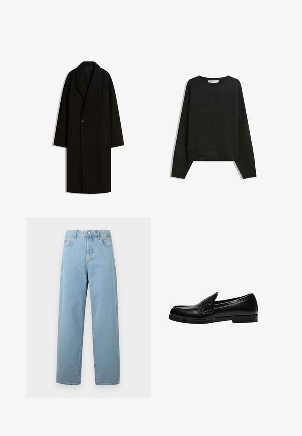 Hosszú fekete gyapjús dérkabát széles gallérral, egygombos záródással és oldalsó zsebmegvágásokkal, fehér háttéren laposan bemutatva.; Fekete kötött pulóver, kerek nyakkivágással, bordás mandzsettával és szegéllyel. A dizájn doboz alakú, ejtett vállakkal a laza illeszkedés érdekében.; Világoskék, bőszárú farmernadrág, amely elülső gombos záródással, hagyományos ötpocket dizájnnal és laza illeszkedéssel rendelkezik.; Fekete bőr loafer sima felülettel, a vamp-on varrási részlettel és alacsony, szilárd fekete gumitalppal.
