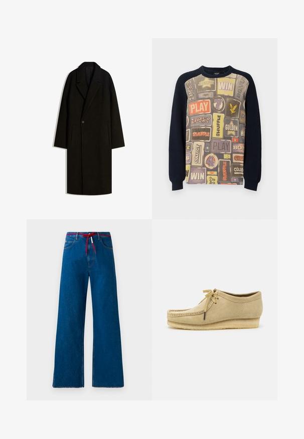 Lång svart ullkappa med bred krage, enkelknappsstängning och sidofickor, uppvisad liggande på vit bakgrund.; Stickad tröja med ett mönstrat framstycke med speltemabaserad grafik i olika färger och en mörk marinblå ribbad stickad baksida och ärmar.; Breda ben blå denimjeans med en röd dragsko i midjan, med en klassisk femficksdesign och fransad nederkant.; Beige mockaskinnssko med snörning, sydda detaljer och gummisula. Formen är avslappnad med en lätt kilklack.