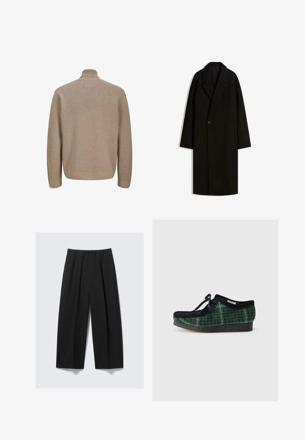 Dolga črna volnena plašč s širokim ovratnikom, zapenjanjem na en gumb in stranskimi žepi, razstavljen na belem ozadju.; Bež pulover s visokim ovratnikom, rebrasto teksturo in dolgimi rokavi. Hrbtna stran ima gladko, čisto obliko brez okraskov.; Črne široke hlače iz lahkotnega materiala, s elastičnim pasom in vrvico ter brez vidnih žepov.; Zelene in črne čevlje s svojim vzorcem, z zgornjim delom iz semiša, zaobljenim prstom, vezalkami in teksturiranim gumijastim podplatom.