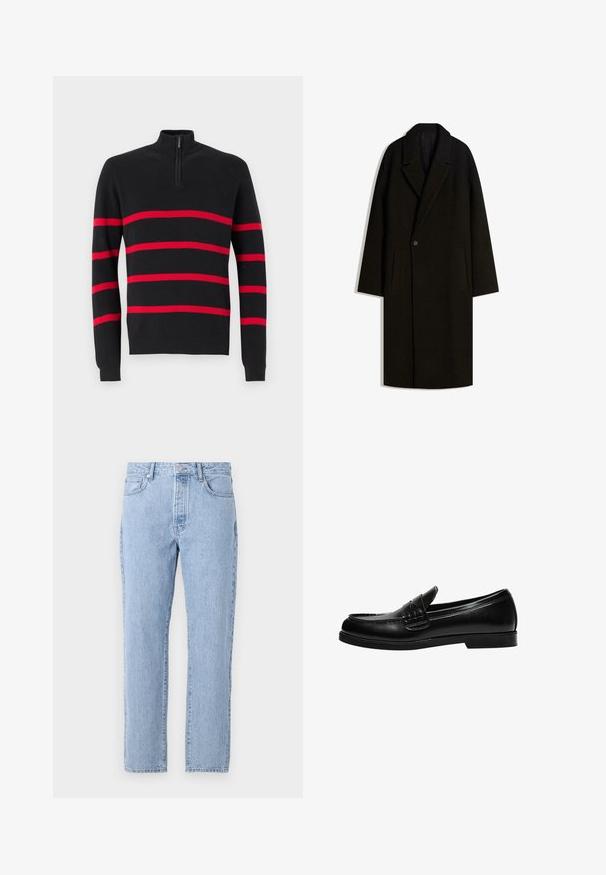 Dlouhý černý vlněný kabát s širokým límcem, uzávěrem na jeden knoflík a bočními kapsami, vystavený na bílém pozadí.; Černý pletený svetr s polo zipem, zdobený vodorovnými červenými pruhy. Hladká textura s upnutými manžetami a dolním lemem.; Světle modré džínové kalhoty se rovnými nohavicemi, pěti kapsami a zapínáním na knoflíky. Měkká textura s klasickým vybledlým vzhledem.; Černé kožené mokasíny s hladkým povrchem, které mají prošívání na nártu a nízkou, jednolitou černou gumovou podrážku.