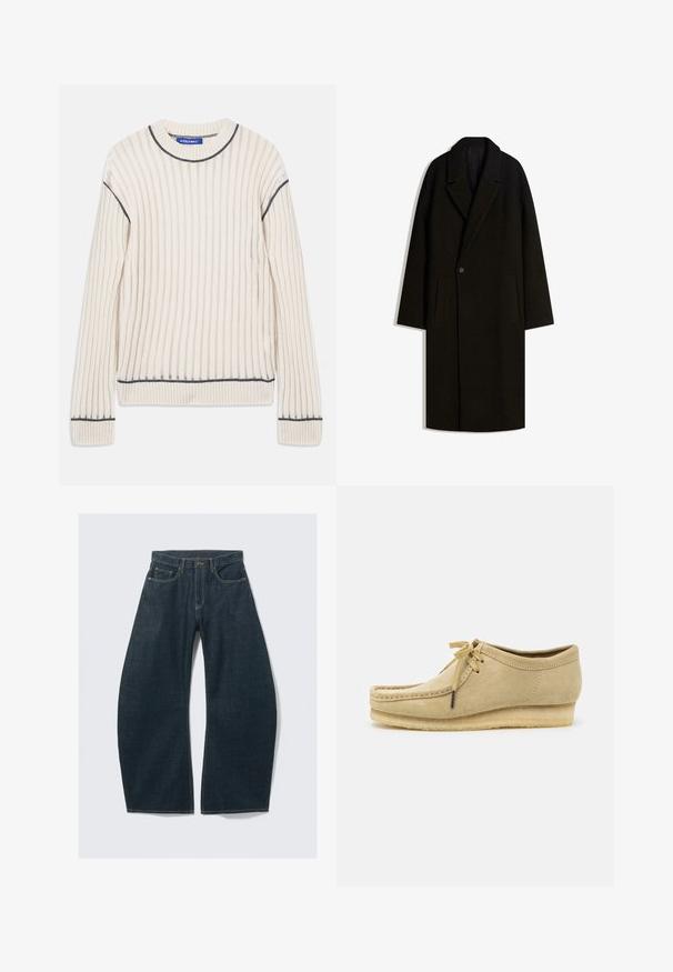 Lang sort uldfrakke med bred krave, enkeltknap lukning og sidelommer, præsenteret fladt på hvid baggrund.; Off-white ribbet sweater lavet af blødt stof, med mørkegrå detaljer ved halsen og kanten, og lange ærmer.; Mørkeblå vidde jeans lavet af denim med fem lommer, synlige sømme, knaplukning og en ren finish.; Beige suedestøvle med snørebåndsdesign, syede detaljer og gummisål. Formen er afslappet med en let hæl.