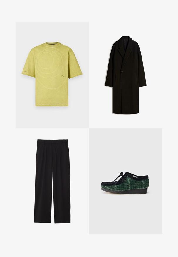 Dlhý čierny vlnený kabát s širokým golierom, jedným gombíkom a bočnými vreckami, vystavený na bielom pozadí.; Svetložlté bavlnené tričko s okrúhlym výstrihom, krátkymi rukávmi a vzorom špirálového stehu na prednej strane. Minimálne značenie na spodnej časti.; Čierne široké nohavice so skladaným predným dielom, bočnými vreckami a hladkým textilným povrchom. Navrhnuté na voľný strih.; Zelené a čierne topánky so vzorom, so zvrškom z semišu, zaoblenou špičkou, šnúrkami a textúrovanou gumovou podrážkou.