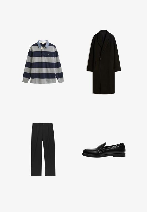 Dugi crni vuneni kaput s širokim ovratnikom, zatvaranjem na jedan gumb i bočnim džepovima, prikazan ravno na bijeloj pozadini.; Polo majica s dugim rukavima s tamnoplavim i sivim prugama, svijetloplavim ovratnikom i logotipom na prsima. Pamučni materijal s mekanom teksturom.; Crne hlače ravnog kroja, izrađene od glatkog materijala. Imaju prednje nabore i jedan dugme na struku.; Crna kožna loafer cipela s glatkom površinom, koja ima šavnu obradu na gornjem dijelu i nisku, čvrstu crnu gumenu podlogu.