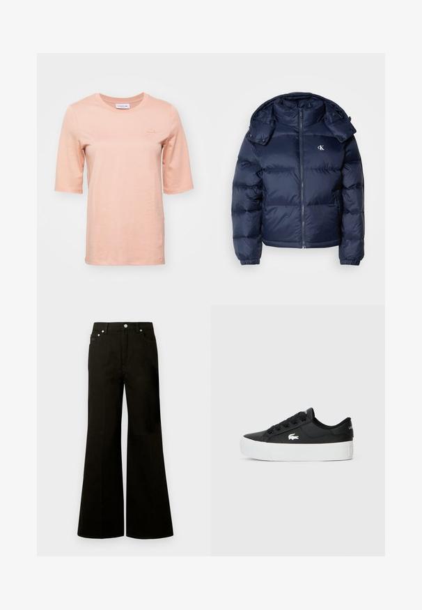 Navy blue puffer jacket with a zip front, detachable hood, and elastic cuffs. Features a subtle logo on the chest and quilted texture.; Peach-colored short-sleeve t-shirt made of soft cotton, featuring a round neckline and a small embroidered logo on the chest.; Black high-waist wide-leg jeans with front button and zipper, belt loops, and five pockets including a small coin pocket.; Black low-top sneaker made of synthetic material, featuring a white rubber sole, black laces, and a small white logo on the side.