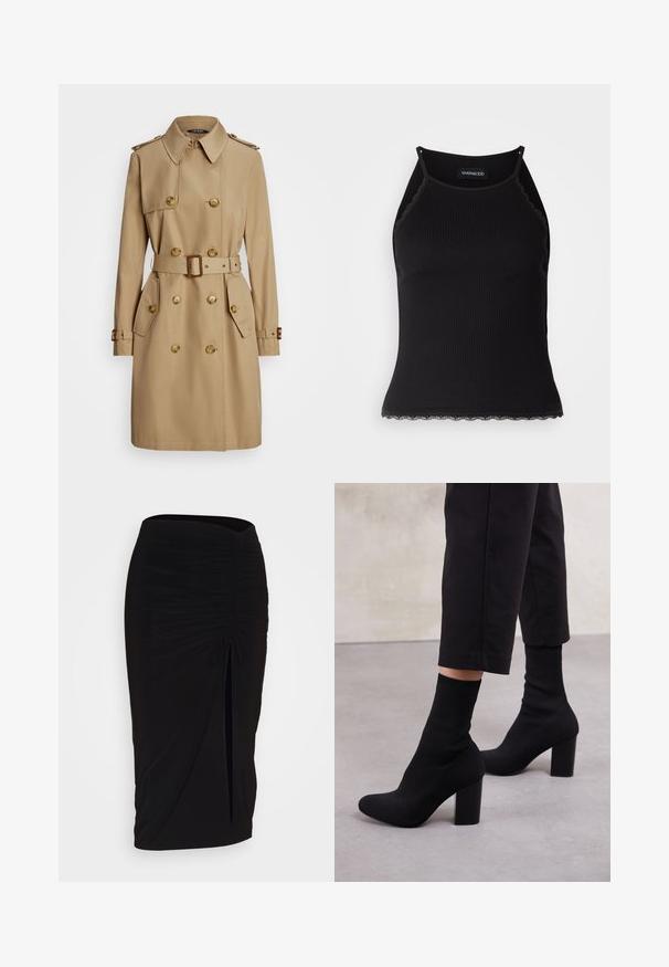 Cappotto beige con design doppiopetto, bottoni dorati, vita cincturata e due tasche frontali. Tessuto liscio e colletto strutturato.; Top in maglia nera a coste con bordo in pizzo ondulato all'orlo. Presenta spalline sottili e un design aderente. Realizzato in tessuto elasticizzato.; Gonna a tubino nera, arricciata, con dettaglio a fiocco e uno spacco laterale. Realizzata in un tessuto elasticizzato, presenta una texture liscia e un design aderente.; Stivaletti neri con tacco alto, dotati di una parte superiore in tessuto a coste simile a una calza, superficie liscia, punta arrotondata e un tacco a blocco per maggiore stabilità.