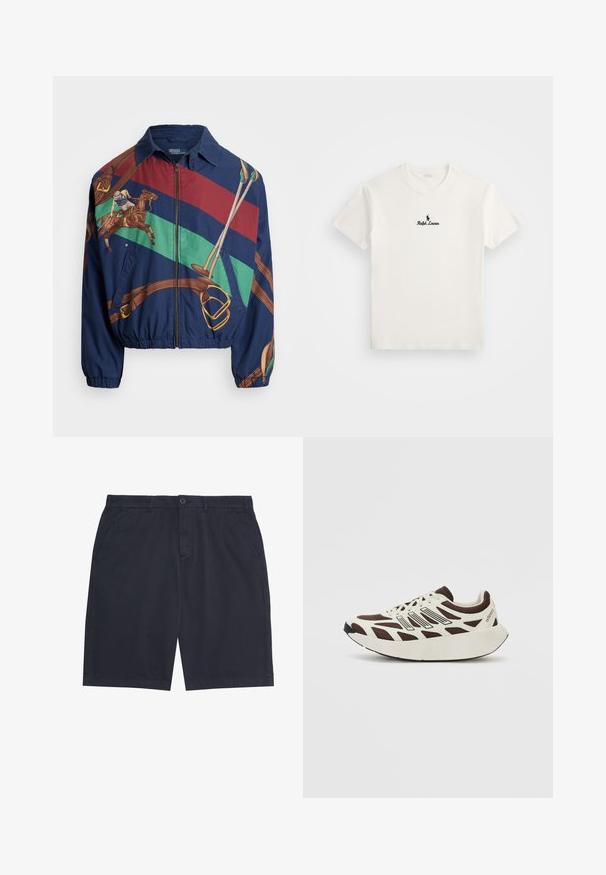 Marinejakke med et grafisk design, der viser en rytter på en hest, brune detaljer og stribemønstre i grøn, rød og brun. Lynlås lukning.; Hvid bomulds t-shirt med et sort broderet logo af en polo spiller og teksten "Ralph Lauren" på brystet. Korte ærmer, rund hals.; Marineblå herre-casual shorts med knaplukning, bæltestropper og sidelommer, lagt fladt på en hvid baggrund.; Brun og creme sneakers med en netoverdel, strukturerede overlays og en rund, tyk hvid sål. Har en lav profil på tungen og snørebånd.