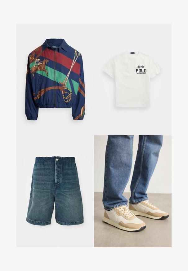 Marinblå jacka med grafisk design som visar en ryttare på en häst, bruna detaljer och randiga mönster i grönt, rött och brunt. Dragkedjeslutning.; Vit bomulls T-shirt med rund hals, med en svart "Polo Motorsport" logotyp och korsade rutig flaggor på vänster bröst.; Jeansshorts i mörkblått med en lös passform, som har knappstängning och synlig sömnad vid fållen och fickorna.; Beige och krämfärgade sneakers i mocka och mesh, med en texturerad sula och tonala accenter, i kombination med blå denimjeans.
