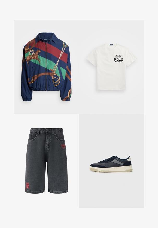 Navy jasje met een grafisch ontwerp waarop een ruiter op een paard is afgebeeld, met bruine accenten en gestreepte patronen in groen, rood en bruin. Met ritsluiting.; Witte katoenen T-shirt met een ronde hals, voorzien van een zwart "Polo Motorsport" logo en gekruiste geblokte vlaggen op de linkerborst.; Zwarte denim shorts met voorzakken en decoratieve rode borduursels op het linkerpootje, met een merklocatie en ontwerpschrift.; BOSS BALTIMORE - Sneakers laag - open blue